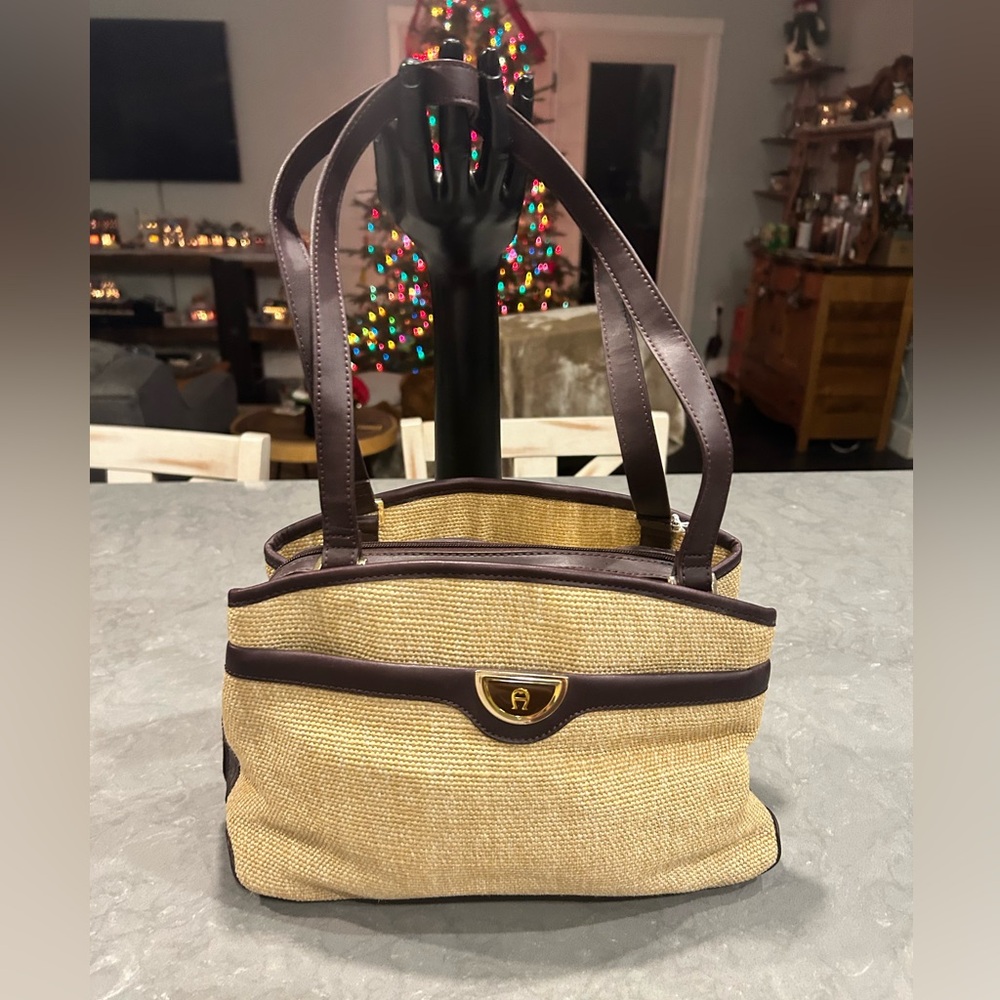 Etienne Aigner Jute Bag Tan Brown Classic Double Handles Shoulder Handbag Purse